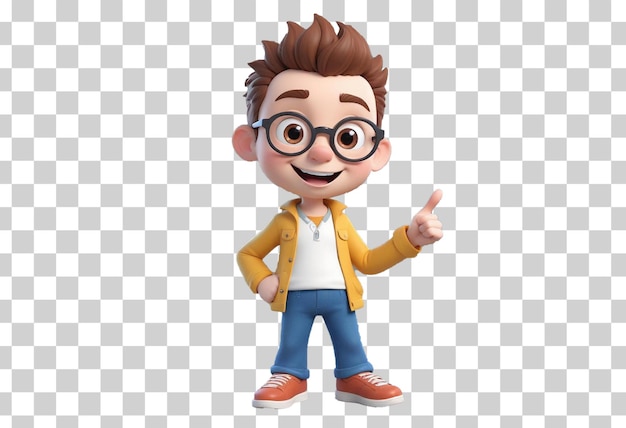 a cartoon man with glasses and a yellow jacket pointing at a finger