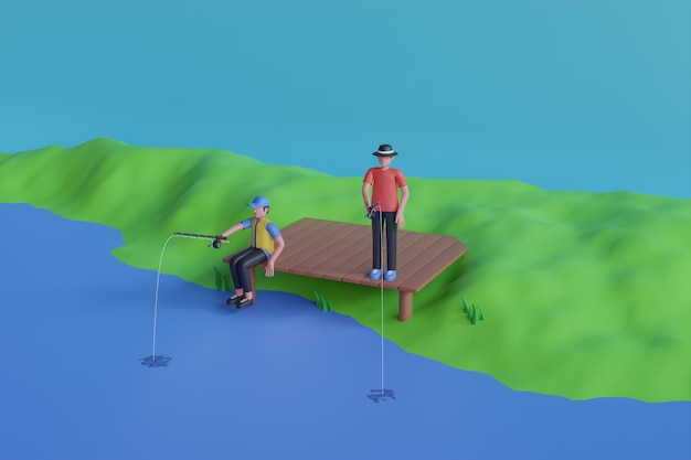 A cartoon of a man and a woman on a dock with fishing poles