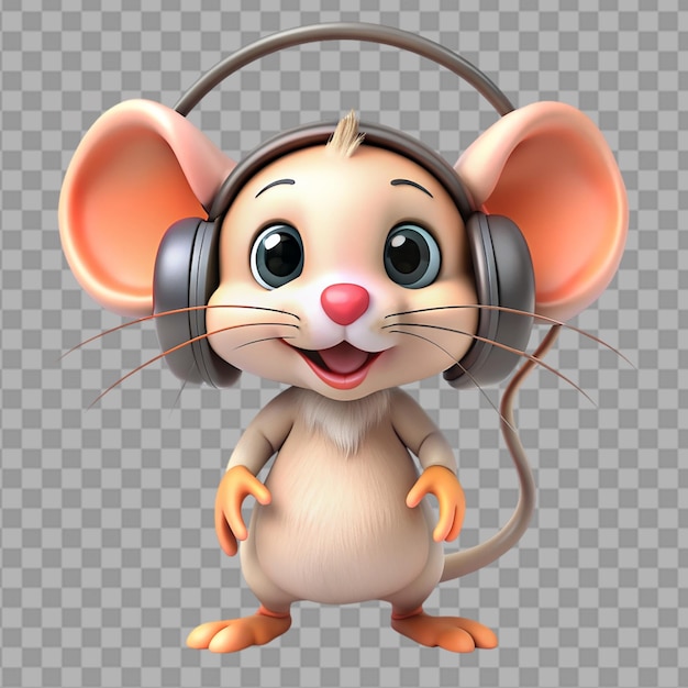 PSD cartoon mouse with headphones on transparent background