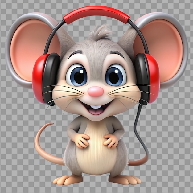 PSD cartoon mouse with headphones on transparent background