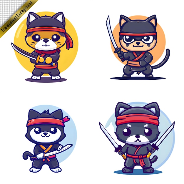 PSD cartoon ninja dog with sword collection