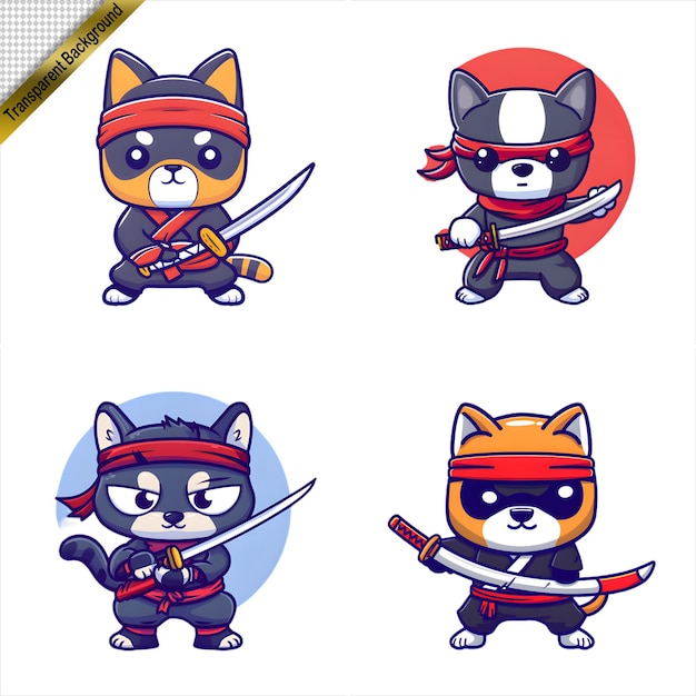 PSD cartoon ninja dog with sword collection