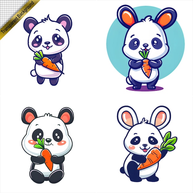 PSD cartoon pandas holding carrots set with no background