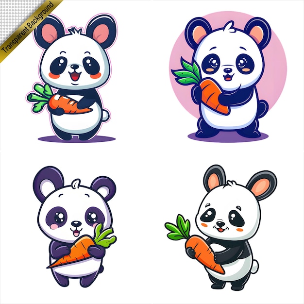 PSD cartoon pandas holding carrots set with no background