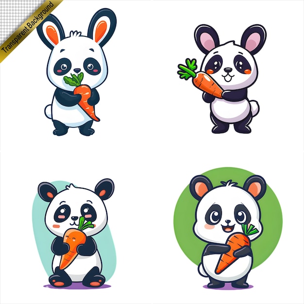 PSD cartoon pandas holding carrots set with no background