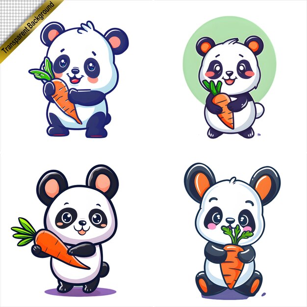 PSD cartoon pandas holding carrots set with no background