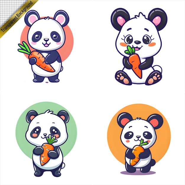 Cartoon Pandas Holding Carrots Set with No Background