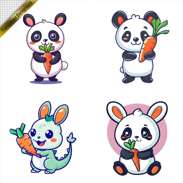 PSD cartoon pandas holding carrots set with no background