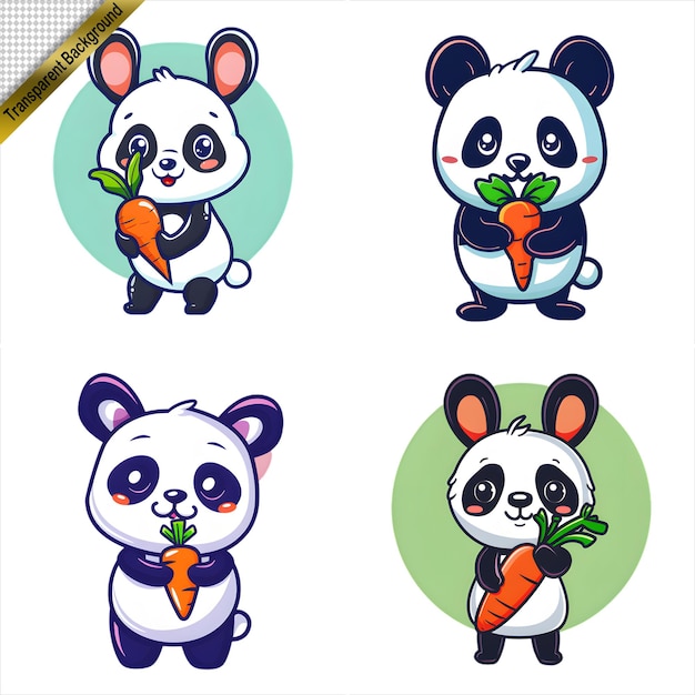 PSD cartoon pandas holding carrots set with no background