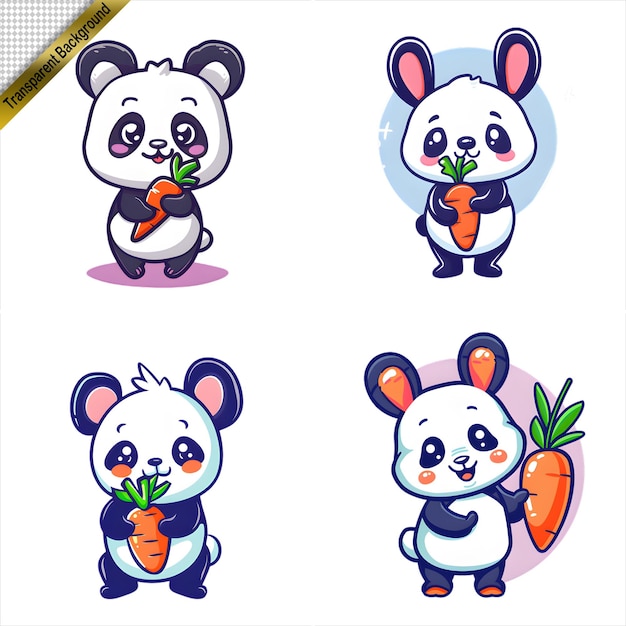 PSD cartoon pandas holding carrots set with no background