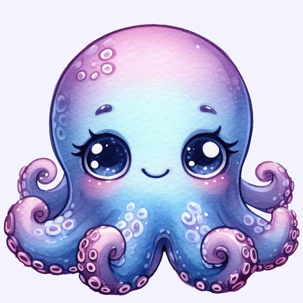 PSD cartoon pastel watercolor purple octopus smiling