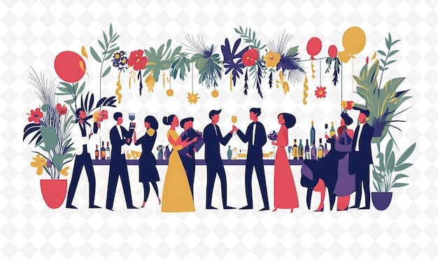 PSD a cartoon of people at a party with a palm tree and a man in a suit