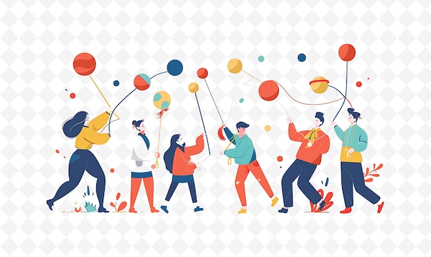 a cartoon of people with balloons and the word happy on it