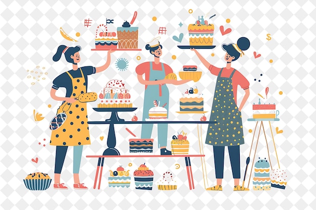 a cartoon of people with a table full of cakes and cakes