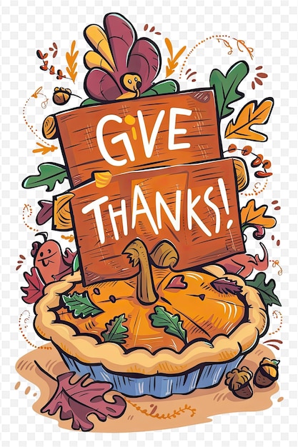 PSD a cartoon of a pie with a wooden sign that says give thanks