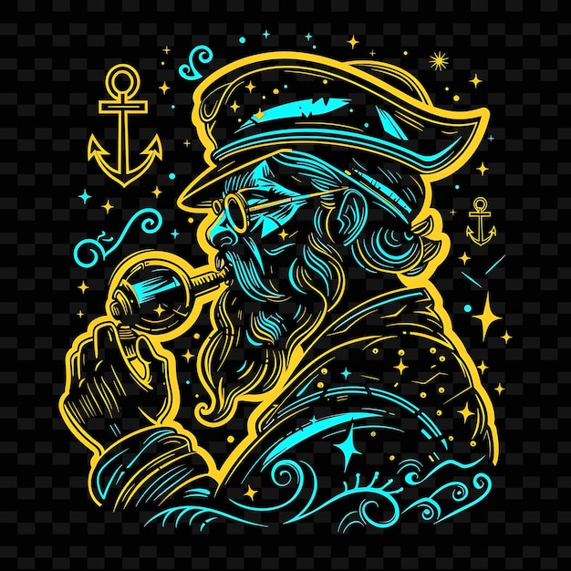 PSD a cartoon of a pirate with a ship and a star on the background