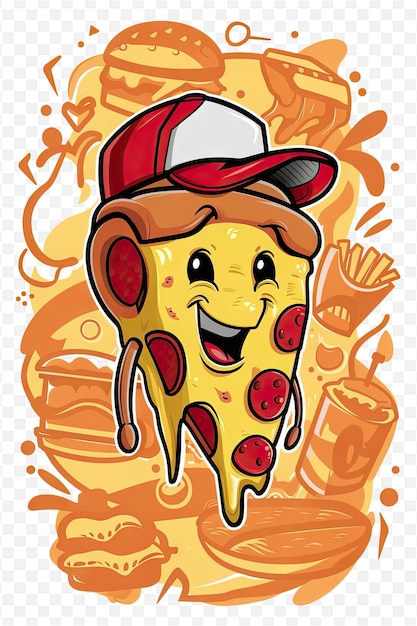 PSD a cartoon of a pizza with a smiling face and red cap