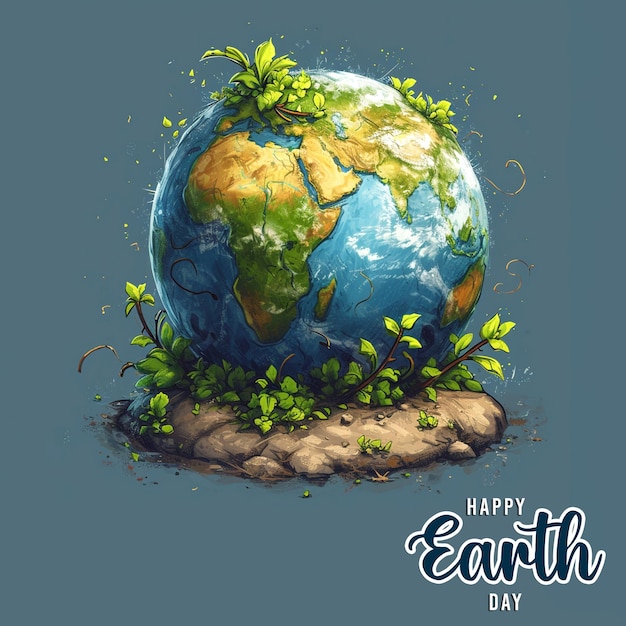 Cartoon planet Earth with sprout and leaves background and banner