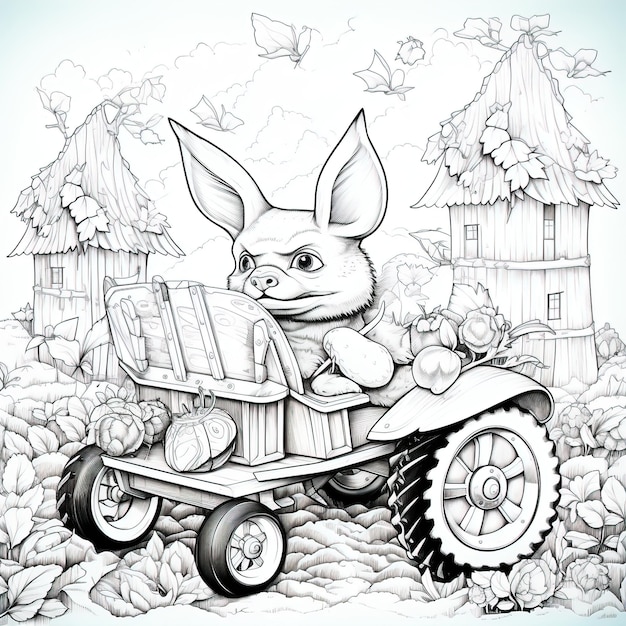 PSD a cartoon of a rabbit on a tractor with a rabbit on the back.