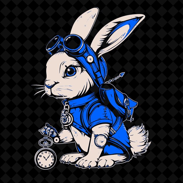 a cartoon rabbit with a blue outfit and a clock on it