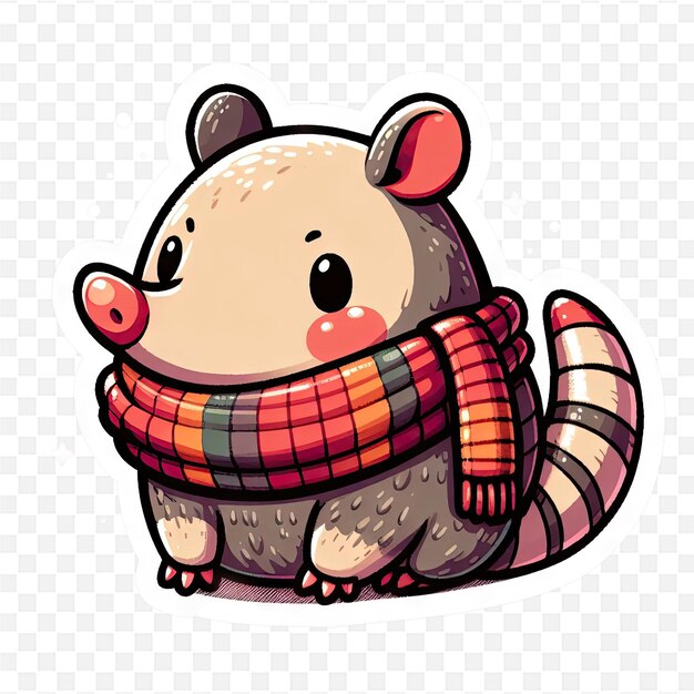 a cartoon of a raccoon with a scarf that says hello