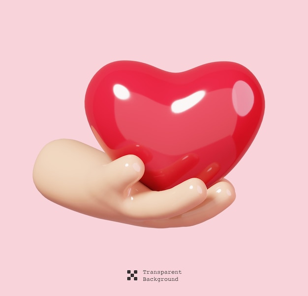 Cartoon red heart in hand isolated. 14 February Happy Valentine's Day icon. 3D rendering