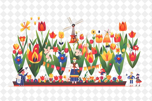 PSD a cartoon scene of a garden with a windmill and flowers