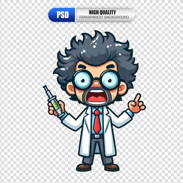 PSD a cartoon of a scientist with a syringe in his hand