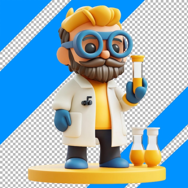 PSD cartoon scientist with test tubes in modern 3d art style