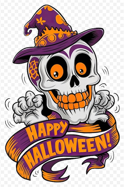 PSD a cartoon of a skeleton wearing a purple hat with a purple ribbon around it