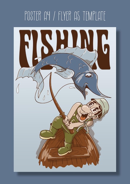 PSD cartoon style illustration poster a man gets a very big fish