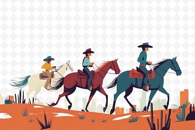 a cartoon of three men riding horses with a city in the background