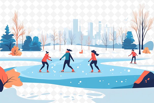 a cartoon of three people skating on a frozen pond