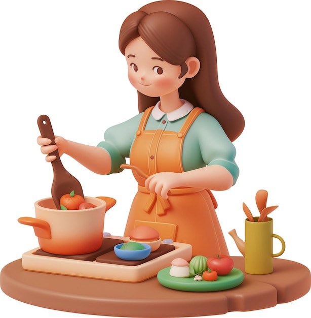 PSD a cartoon of a woman cooking in a pot with a wooden spoon