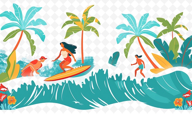 a cartoon of a woman riding a surfboard with palm trees in the background