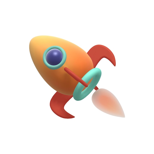 A cartoon yellow rocket with a blue window and red props is flying 3d illustration