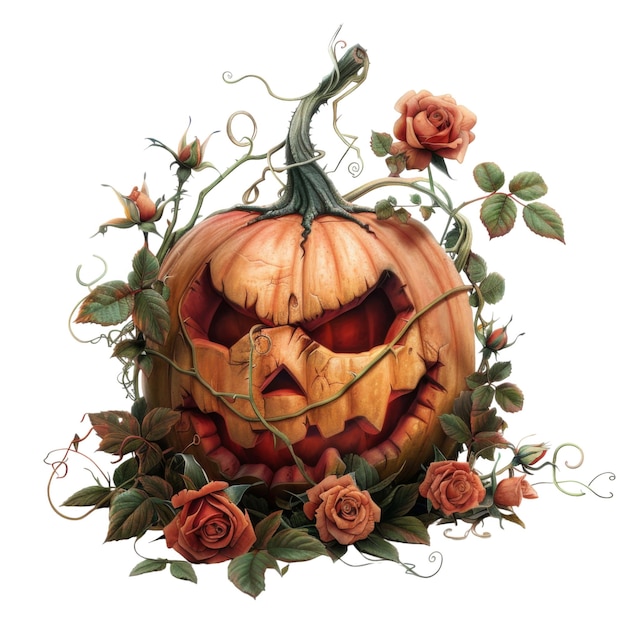 PSD a carved pumpkin jackolantern surrounded by roses