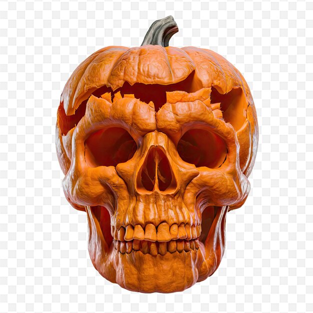 a carved pumpkin with a skull on it and a white background