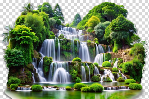 PSD cascading waterfalls in a lush green place png