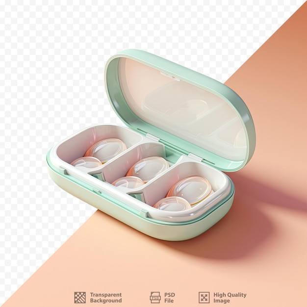 A case for personal contact lenses opened with separate covers on a transparent background