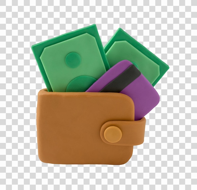 Cash and credit payment icon concept made with plasticine. Wallet with credit card and money clay