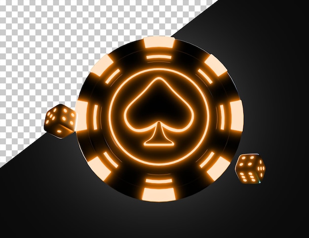 Casino chip with golden neon light and transparent background