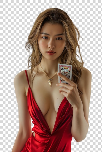 A casino model in elegant dress and a red lip isolated on transparent background PNG