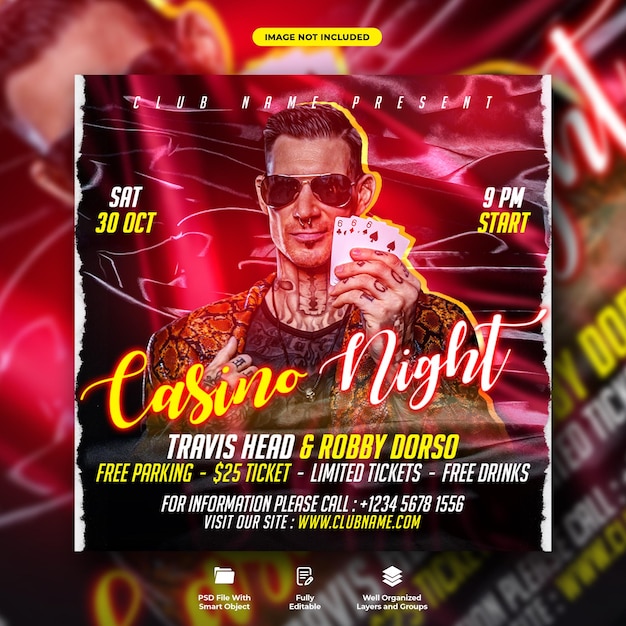 Casino night party flyer and social media post template