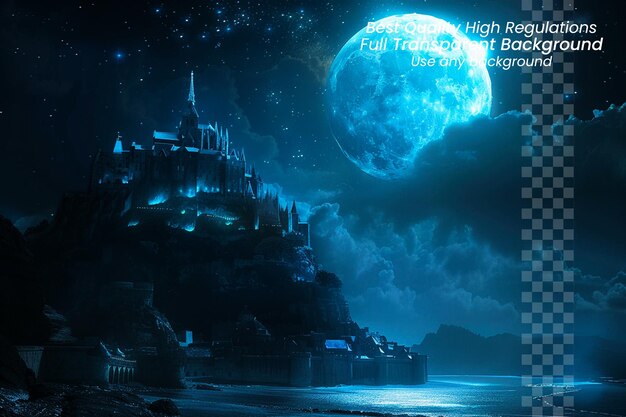 PSD castle under the blue moon on transparent background