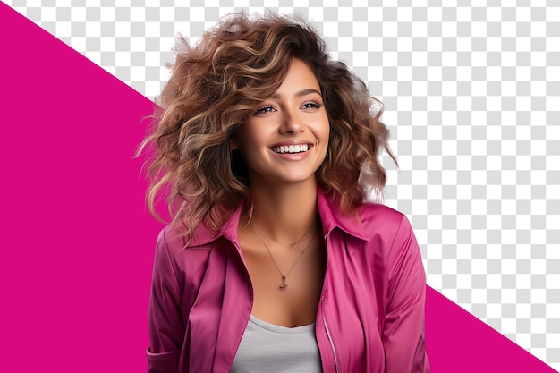 Casual Woman Photography Curly Studio Hair with Magenta Blazer Smiling Looking at the Horizon