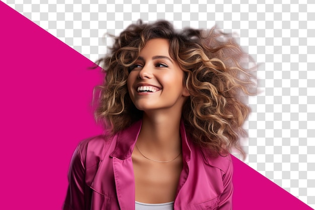 Casual Woman Photography Curly Studio Hair with Magenta Blazer Smiling Looking at the Horizon