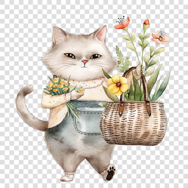 PSD cat carries a handbag with flowers nuresery watercolor