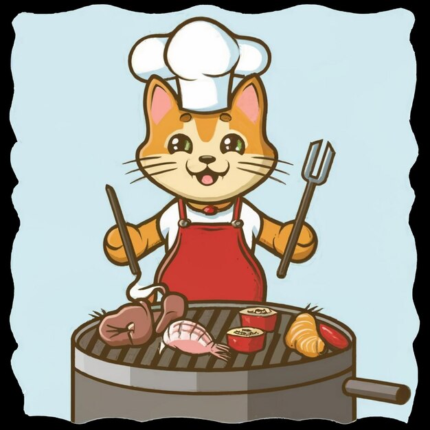 PSD a cat cooking on a grill with a chef hat on it