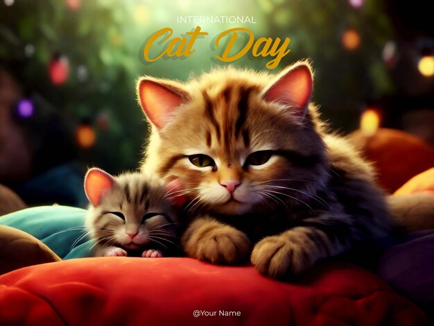 Cat day poster on one color background